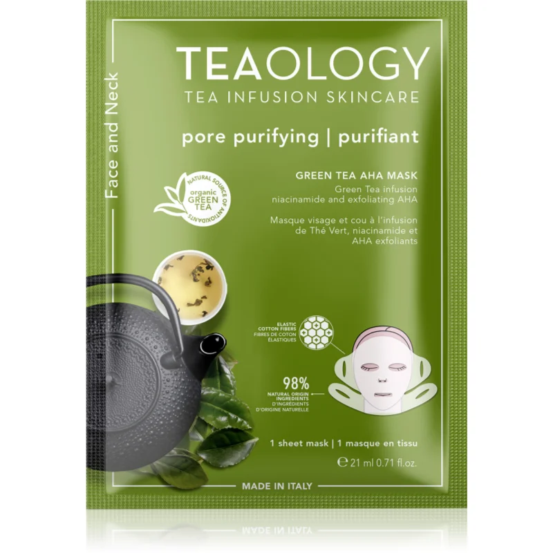 Teaology Face Mask Green Tea AHA plátýnková maska s čisticím a osvěžujícím účinkem na obličej a krk 21 ml - parfo.cz