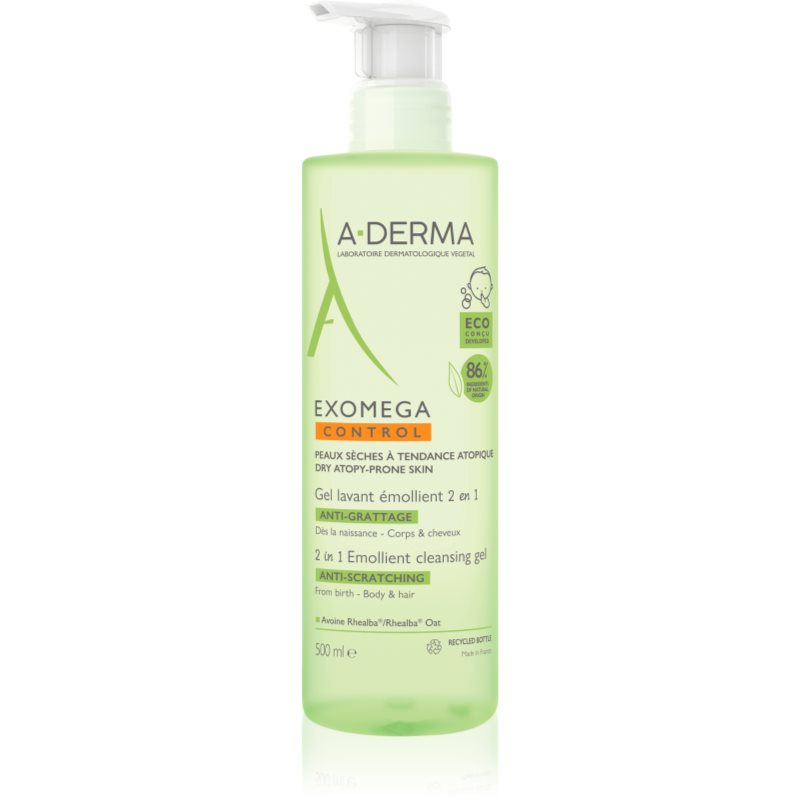 A-Derma Exomega Control 2 in 1 emollient cleansing gel sprchový gel pro suchou až atopickou pokožku 500 ml - parfo.cz