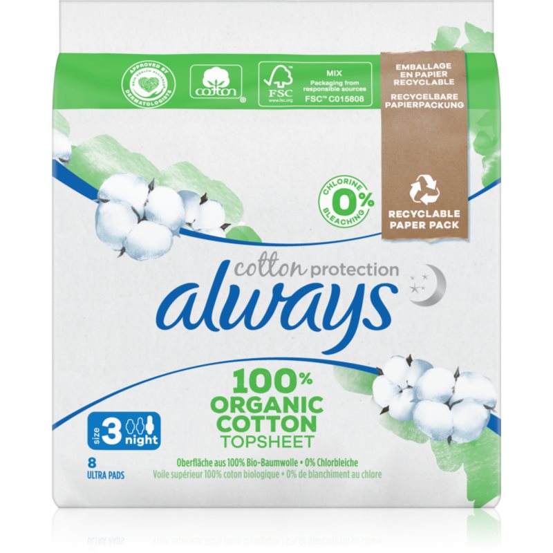 Always Cotton Protection Night vložky bez parfemace 8 ks - parfo.cz