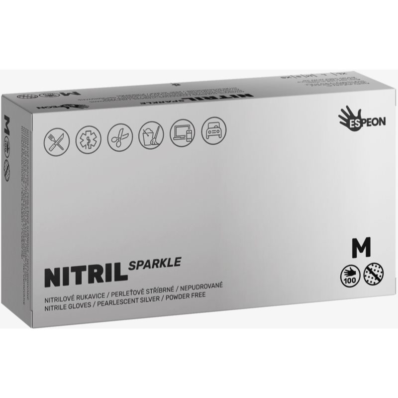 Espeon Nitril Sparkle Pearlescent Silver nitrilové nepudrované rukavice velikost M 2x50 ks - parfo.cz