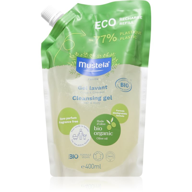 Mustela BIO mycí gel na tělo a vlasy pro děti od narození náhradní náplň 400 ml - parfo.cz