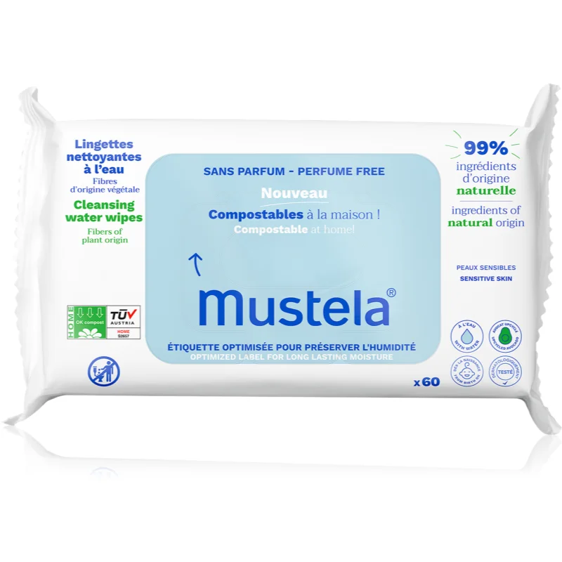 Mustela Compostable at Home Cleansing Wipes Perfume Free čisticí ubrousky bez parfemace pro děti od narození 60 ks - parfo.cz