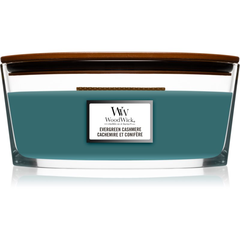 Woodwick Evergreen Cashmere vonná svíčka s dřevěným knotem (hearthwick) 453