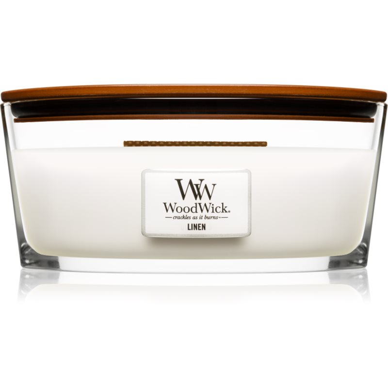 Woodwick Linen vonná svíčka s dřevěným knotem (hearthwick) 453.6 g - parfo.cz