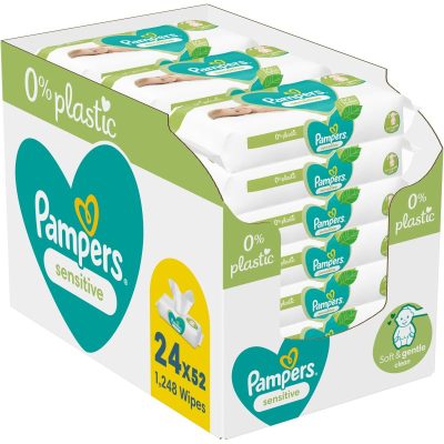 Pampers Sensitive Plastic Free vlhčené čisticí ubrousky pro děti pro citlivou pokožku 24x52 ks - parfo.cz